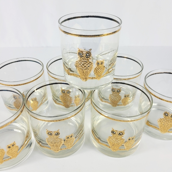 MID CENTURY VINTAGE LOW BALL GLASSES GOLD LEAF WITH OWLS SET OF 8 - Picture 7 of 13